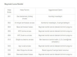 Baymak Luna Kombi Arıza Hata Kodları